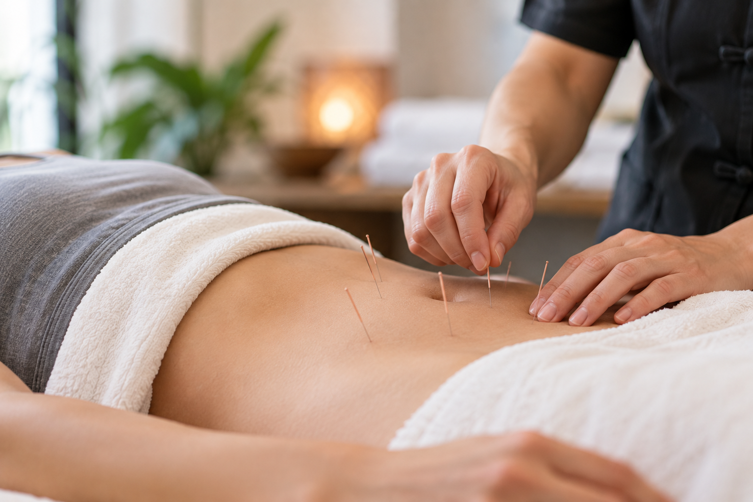 Acupuncturist needling points on abdomen