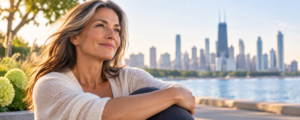 smiling middle aged woman with Chicago in background