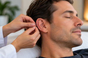 man getting smoking cessation acupuncture