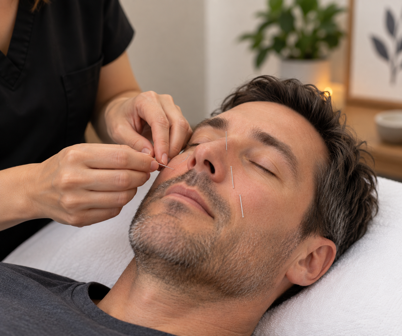 Man getting acupuncture for sinus issues